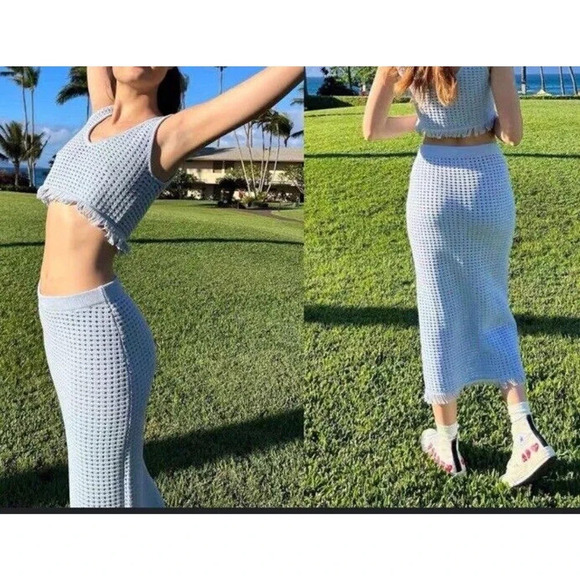 Nwt Reformation Lieta revolve boho Crop Tank XL crochet knit powder blue spring - Picture 2 of 2